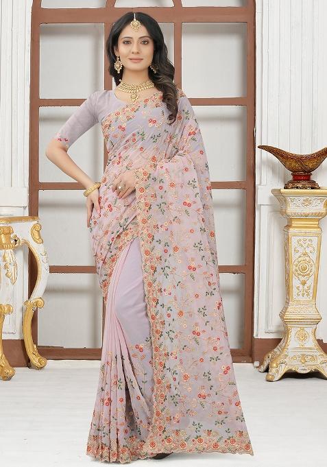 Lavender Embroidery Georgette Saree