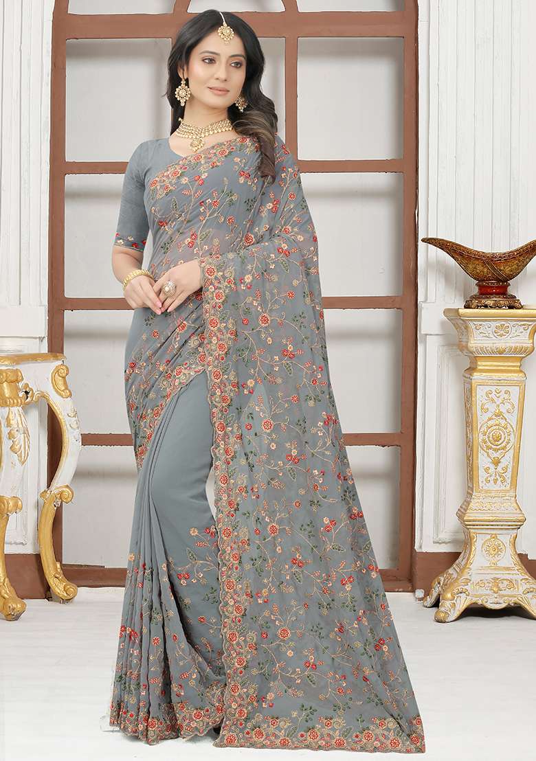 Grey Georgette Saree with Embroidery for Diwali | Wedding & Festive Wear - Indya