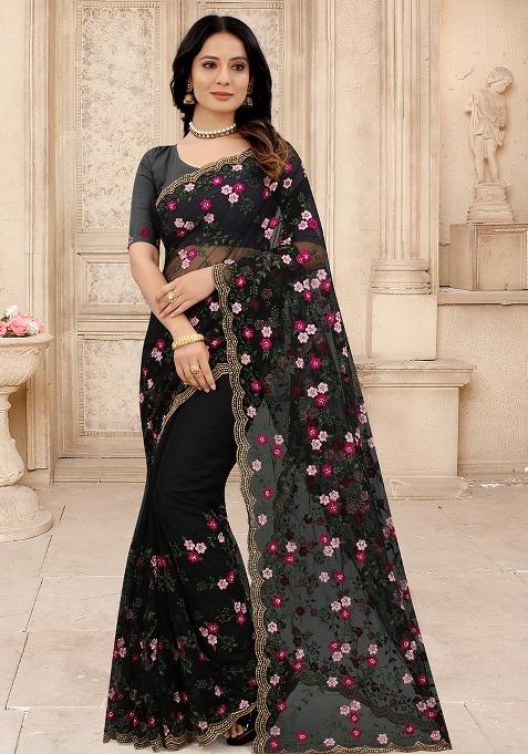 Black Embroidery NET Saree