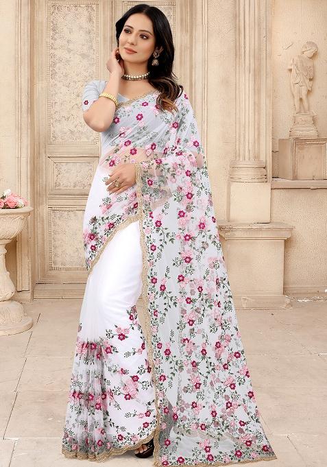White Embroidery NET Saree