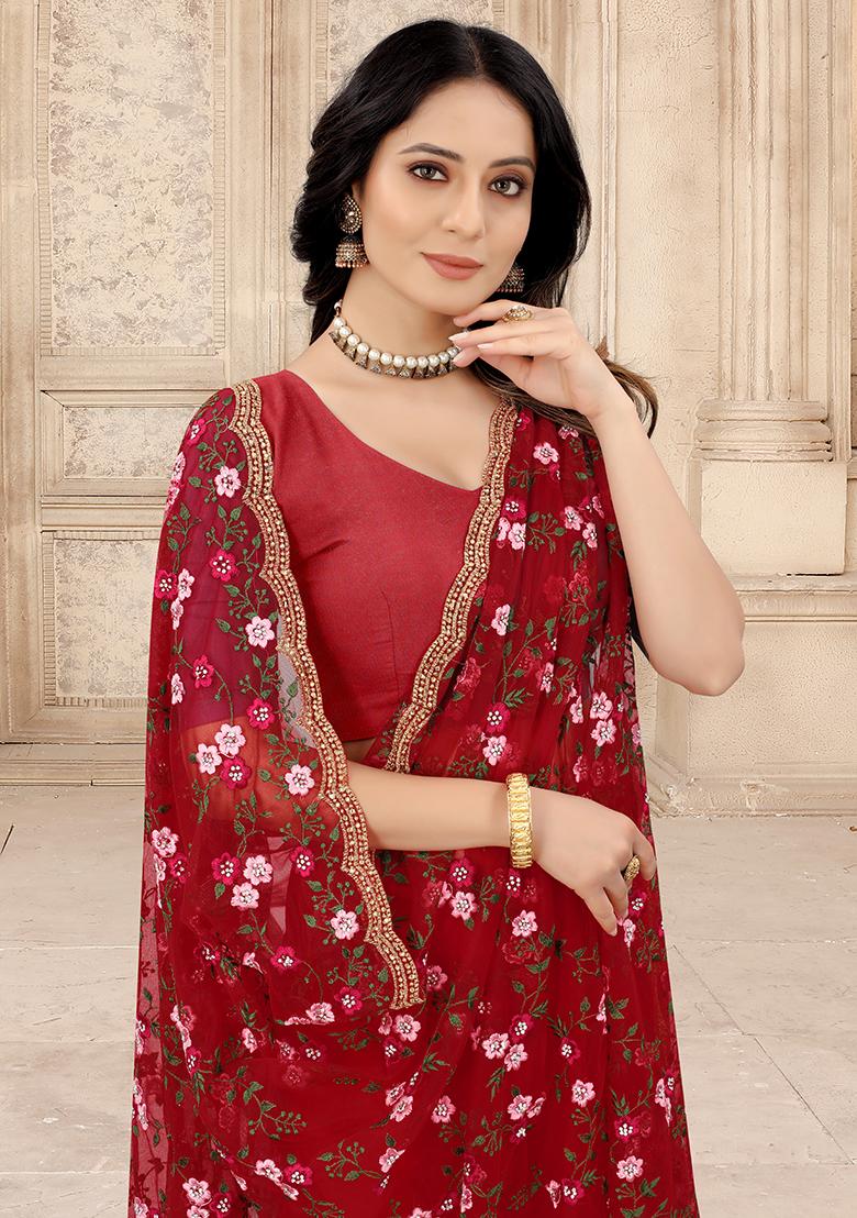 Red Embroidery NET Saree - Indya