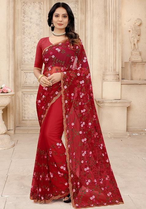 Red Embroidery NET Saree