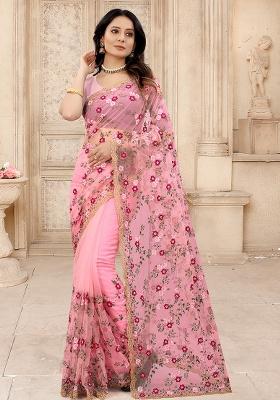 Light Gajari Embroidery NET Saree