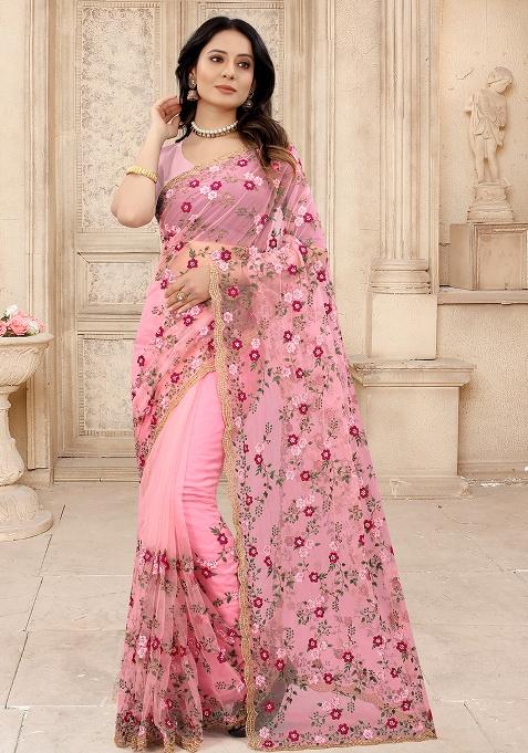 Light Gajari Embroidery NET Saree