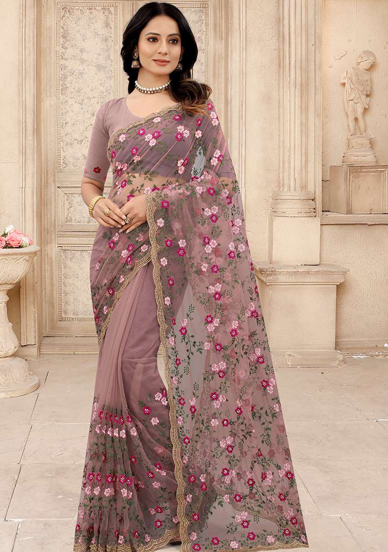 Mouse NET Saree with Embroidery for Diwali | Wedding & Festive Wear - Indya
