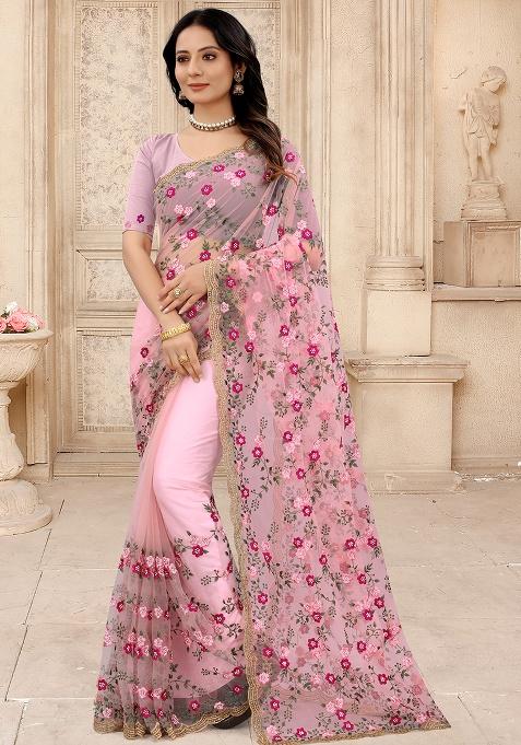 Dusty Pink Embroidery NET Saree