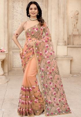Dusty Peach Embroidery NET Saree