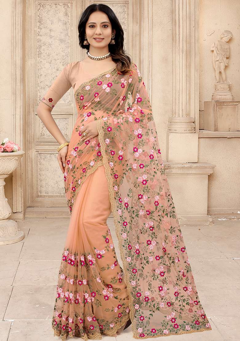 Dusty Peach NET Saree with Embroidery for Diwali | Wedding & Festive Wear - Indya