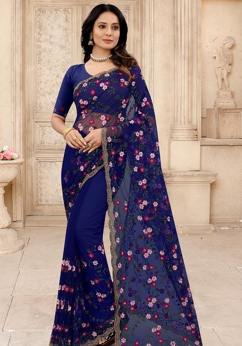 Navy Blue Embroidery NET Saree