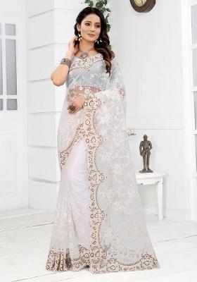 White Embroidery NET Saree