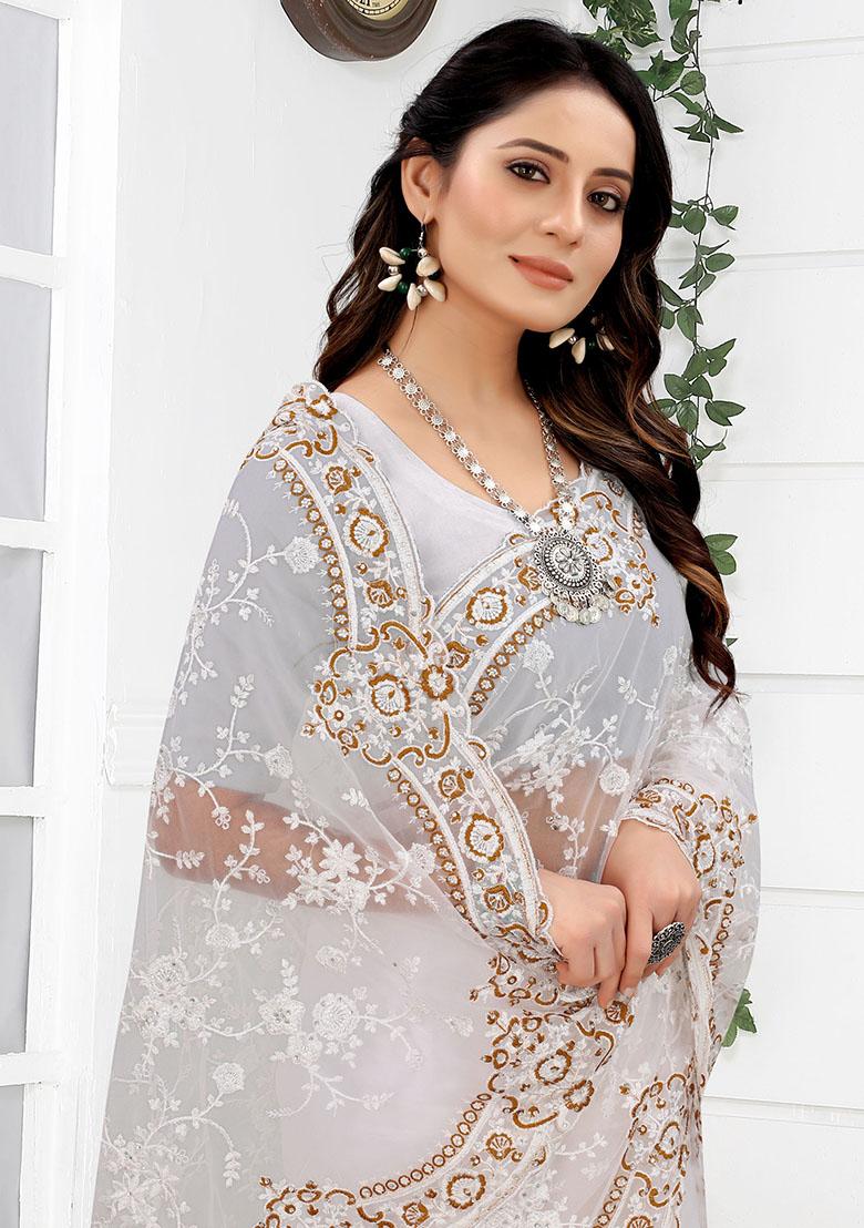White Embroidery NET Saree - Indya