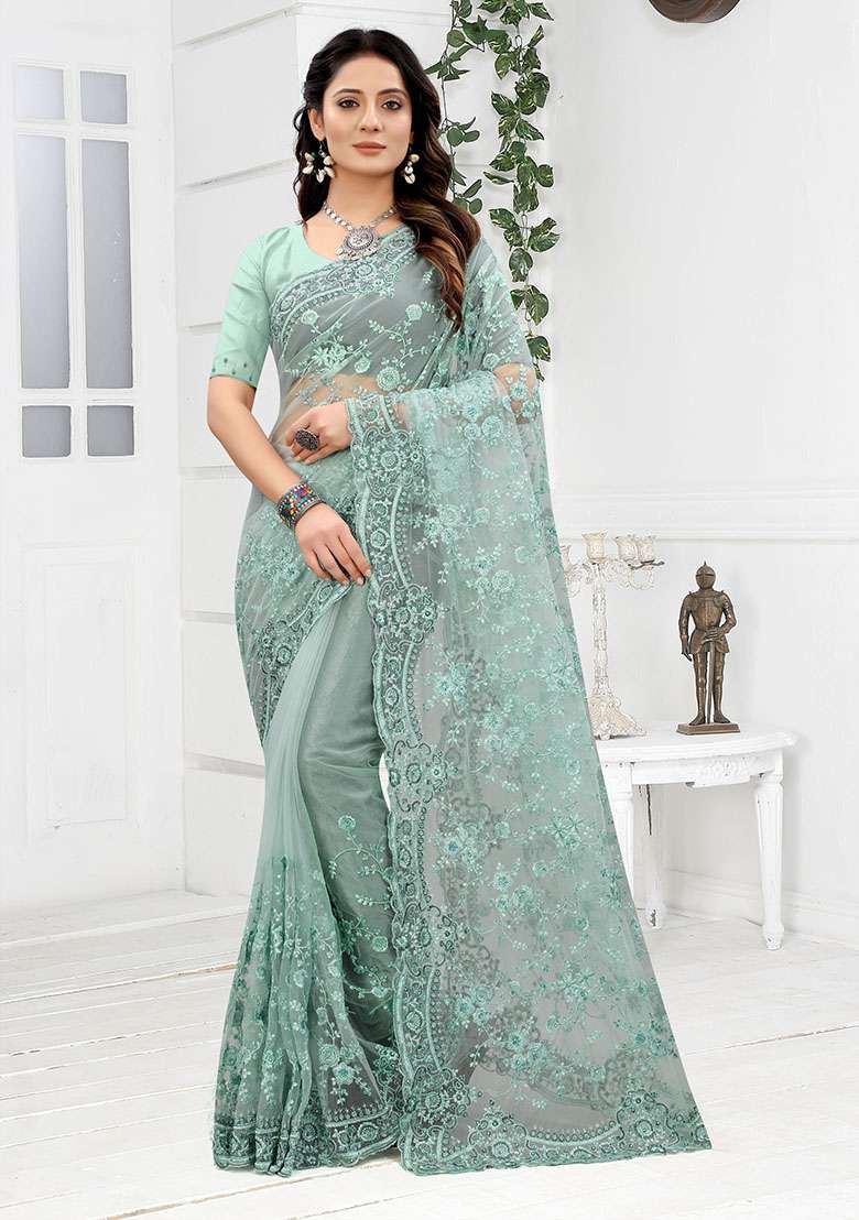 Sea Green NET Saree with Embroidery for Diwali | Wedding & Festive Wear - Indya
