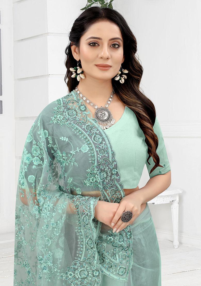 Sea Green Embroidery NET Saree - Indya