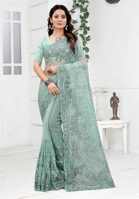 Sea Green Embroidery NET Saree