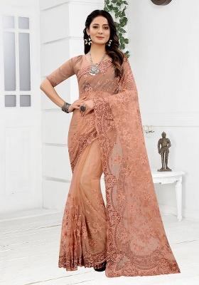 Peach Embroidery NET Saree