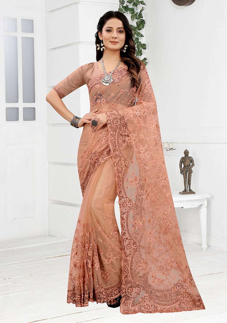 Peach NET Saree with Embroidery for Diwali | Wedding & Festive Wear - Indya
