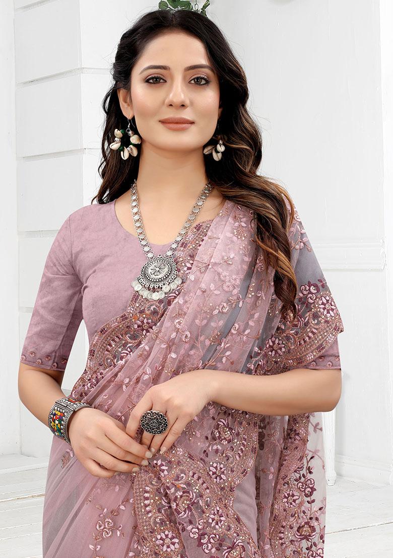 Lavender Embroidery NET Saree - Indya