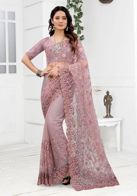 Lavender Embroidery NET Saree