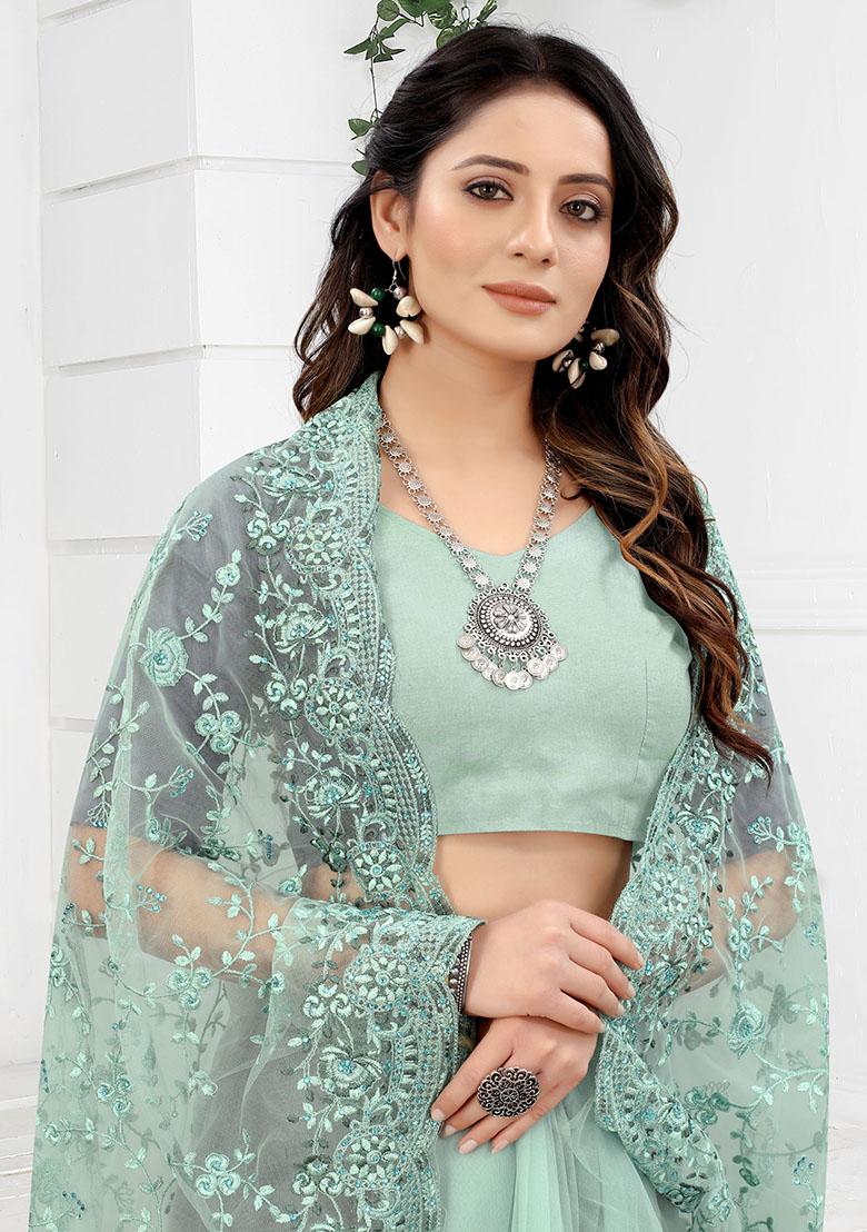 Sea Green Embroidery NET Saree - Indya