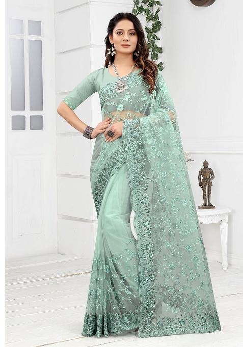 Sea Green Embroidery NET Saree