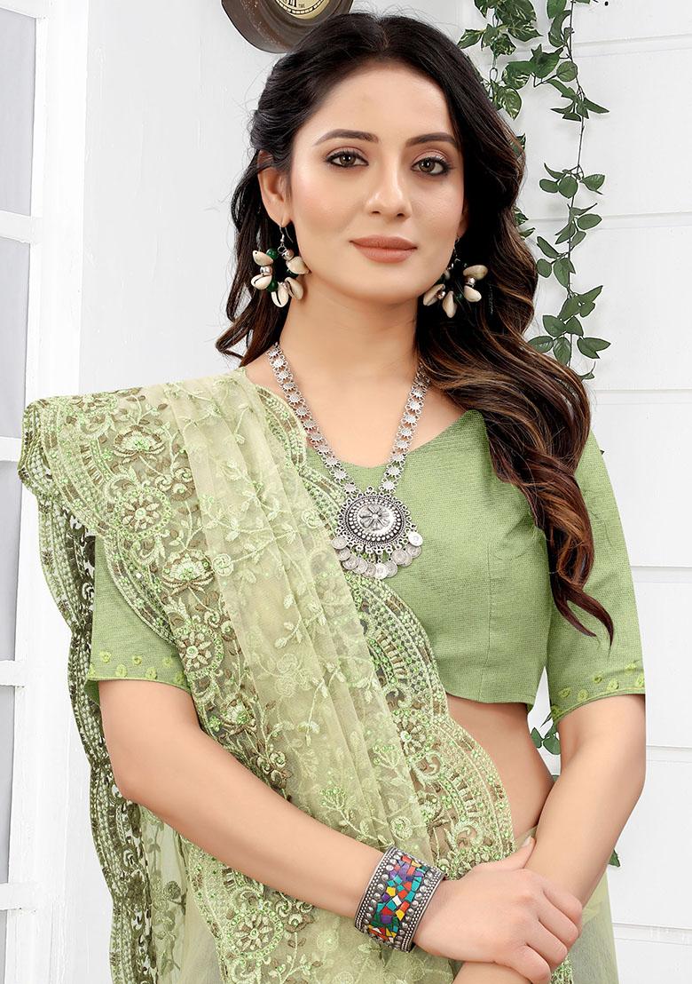 Pista Embroidery NET Saree - Indya