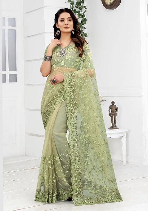 Pista Embroidery NET Saree