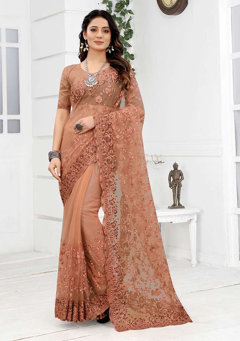 Peach Embroidery NET Saree for Diwali and Festive Wear - Indya