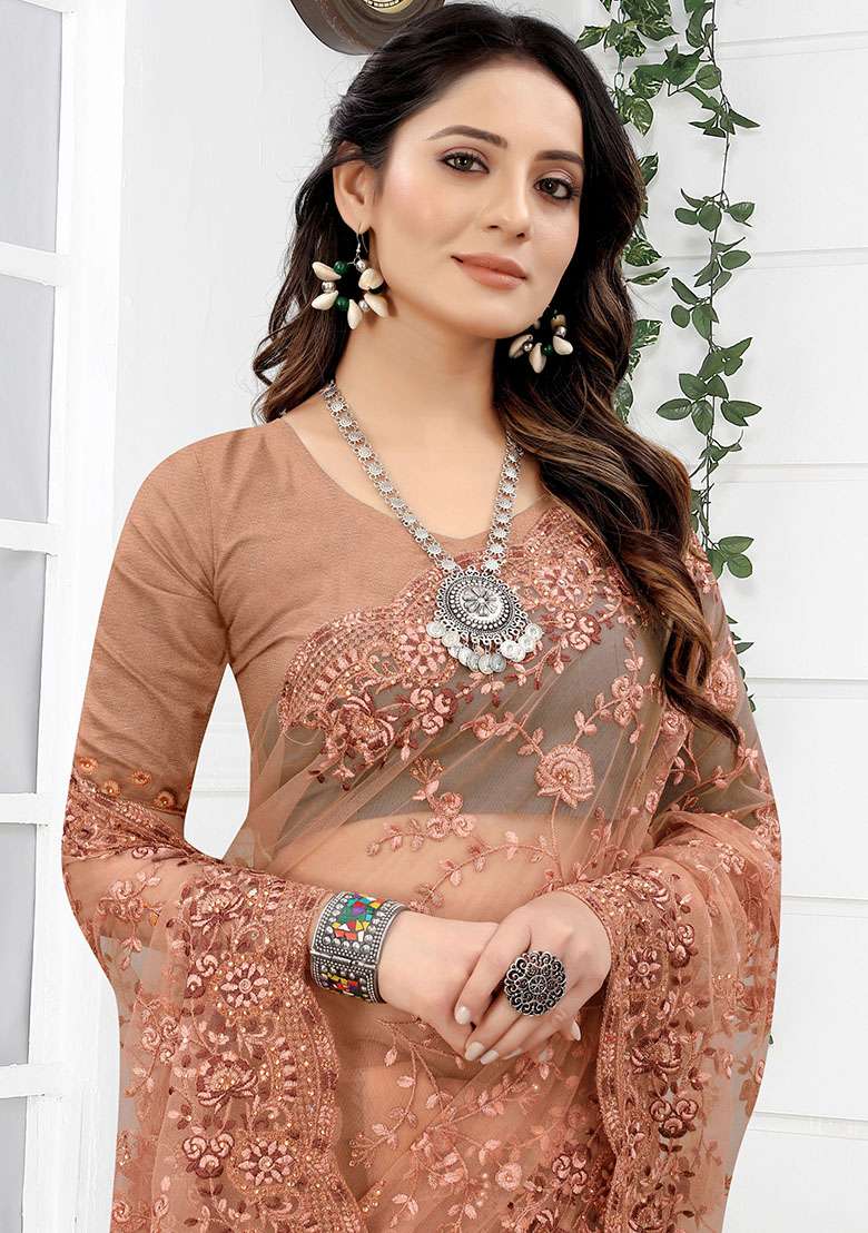 Peach Embroidery NET Saree for Diwali and Festive Wear - Indya