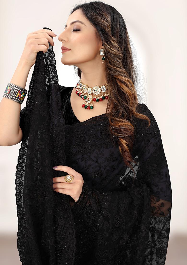 Black Embroidery NET Saree - Indya