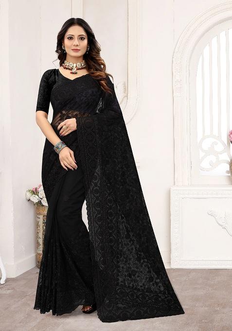 Black Embroidery NET Saree