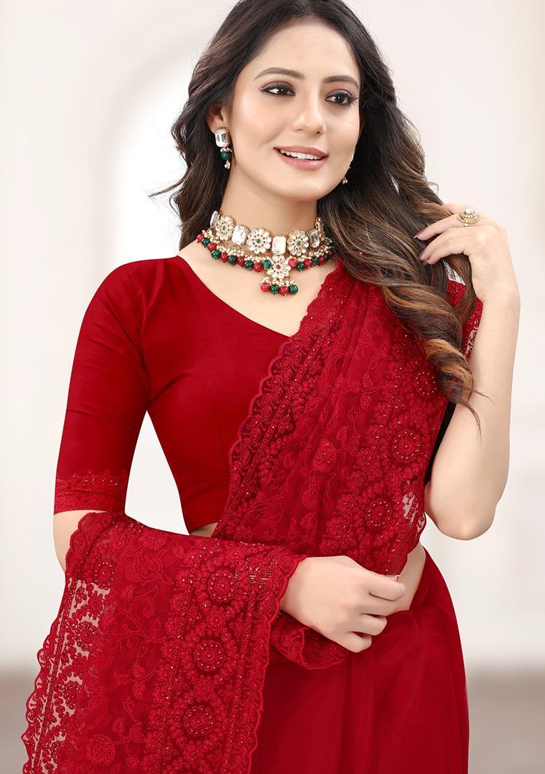 Red Embroidery NET Saree - Indya