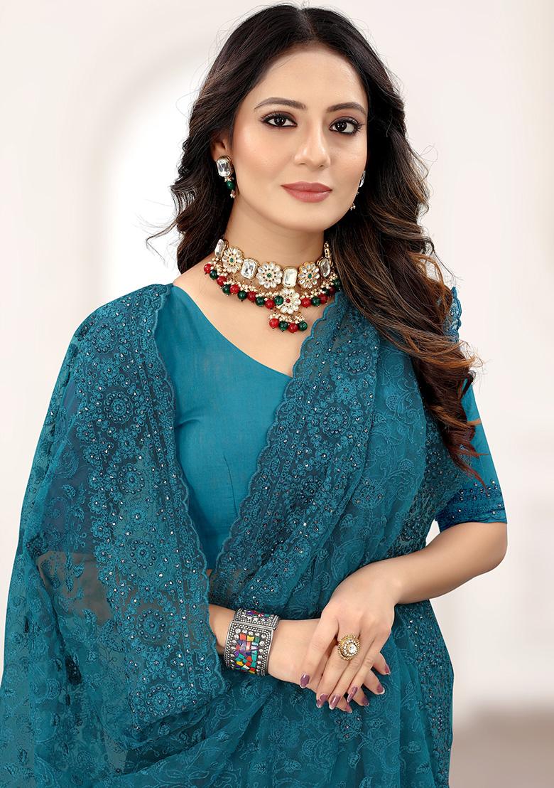 Morpeach Embroidery NET Saree - Indya