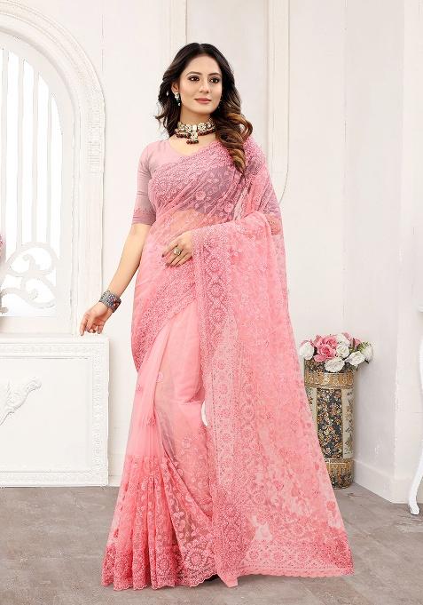 Pink Embroidery NET Saree