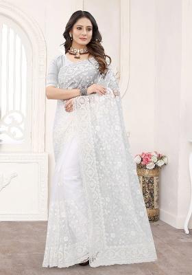 White Embroidery NET Saree