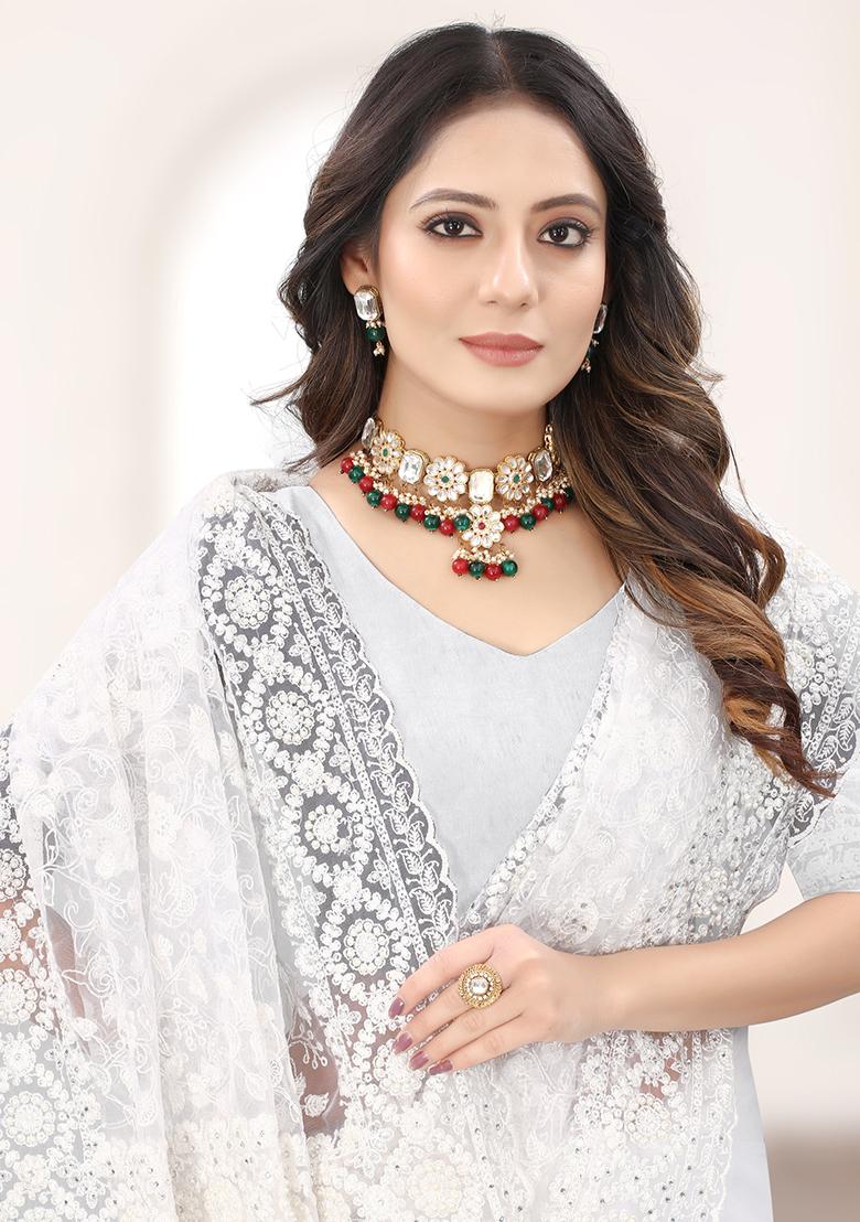 White Embroidery NET Saree - Indya