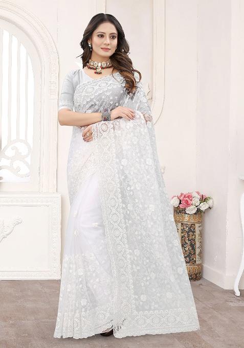 White Embroidery NET Saree
