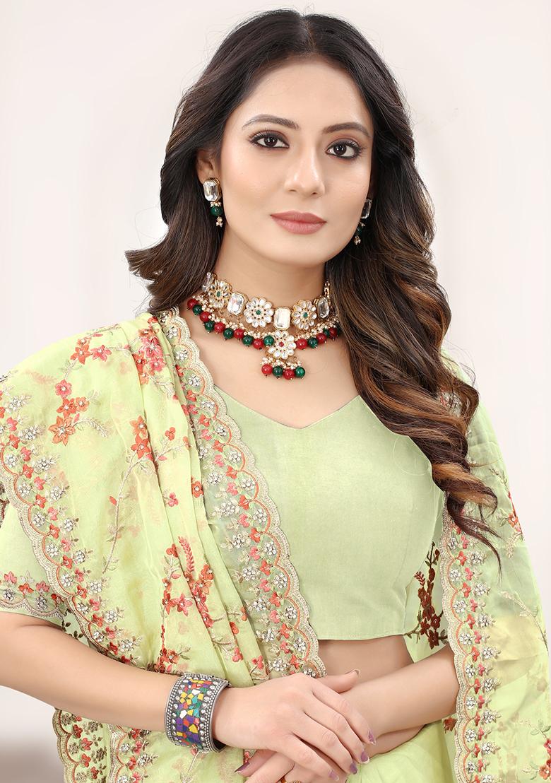 Dusty Pista Embroidery ORGENZA Saree - Indya