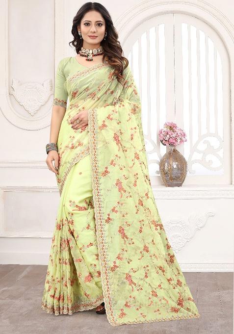Dusty Pista Embroidery ORGENZA Saree