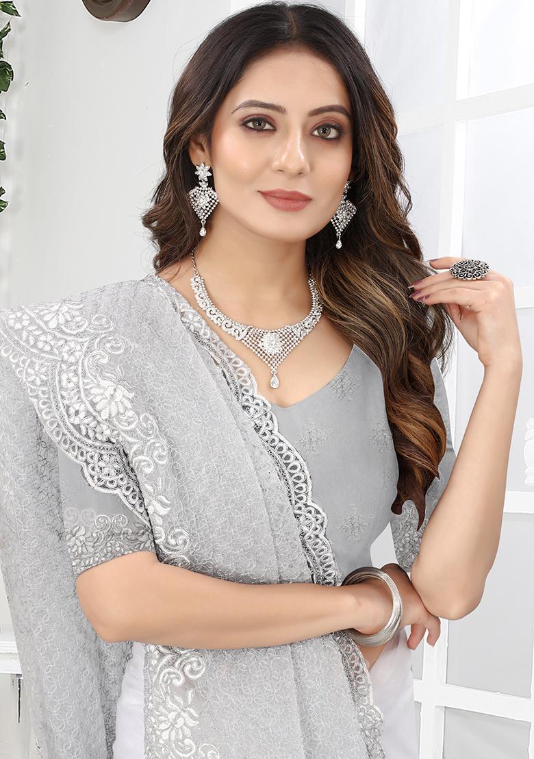 White Embroidery NET Saree - Indya