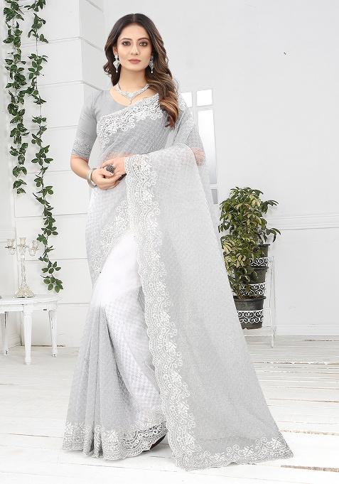 White Embroidery NET Saree