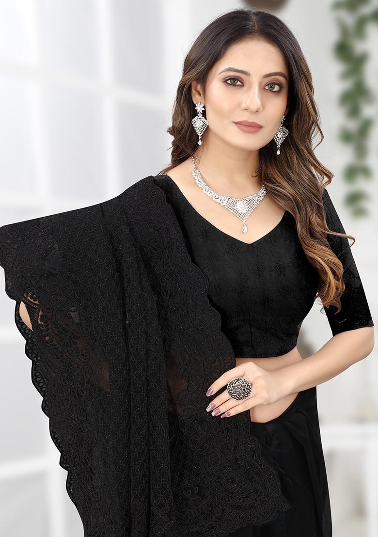Black Embroidery NET Saree - Indya