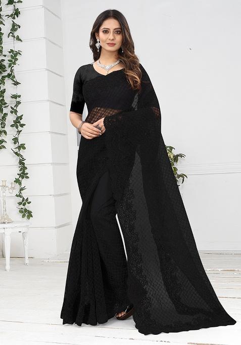 Black Embroidery NET Saree