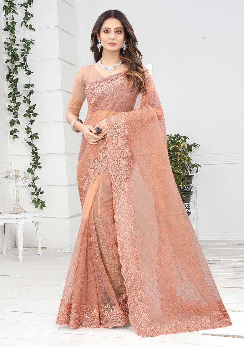 Dusty Peach Embroidery NET Saree for Diwali and Festive Wear - Indya