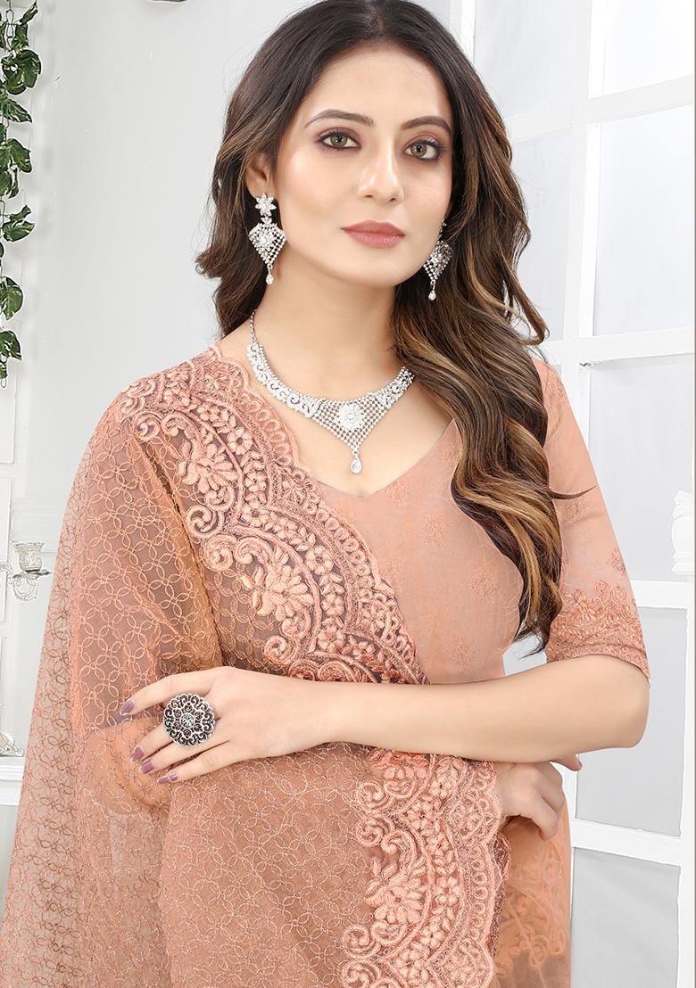 Dusty Peach Embroidery NET Saree - Indya