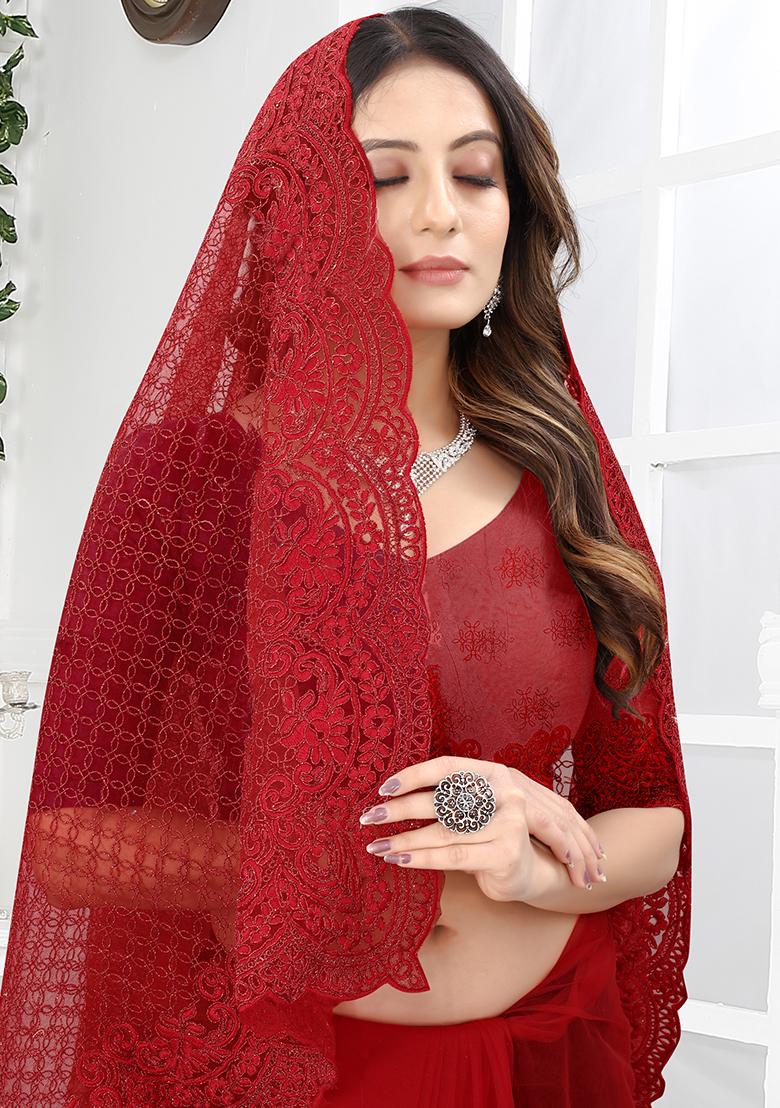 Red Embroidery NET Saree - Indya