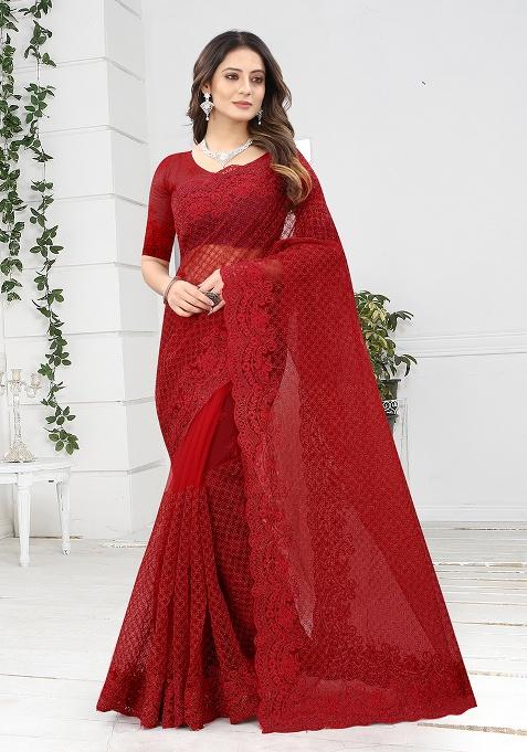 Red Embroidery NET Saree