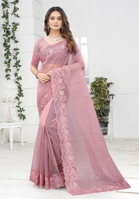 Dusty Pink Embroidery NET Saree