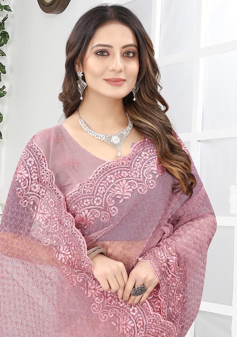 Dusty Pink Embroidery NET Saree - Indya