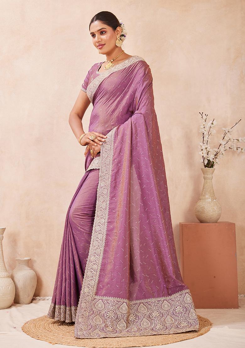Lavender Embroidery Silk Saree Set - Indya