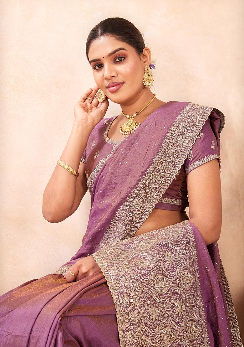 Lavender Embroidery Silk Saree Set - Indya